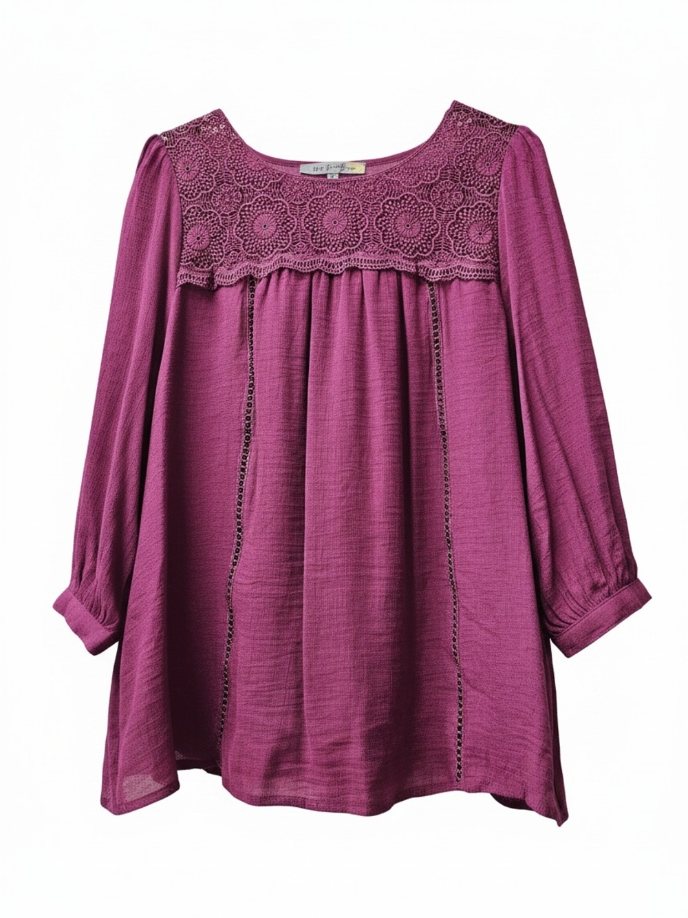 Figueroa & Flowers Crochet Yoke Tunic Top in Wine - Women's 3/4 Sleeve Blouse
